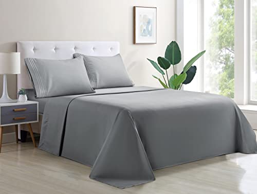 wavveUziz Bed Sheet Set Super Soft 100% Microfiber Sheet 1800 Brushed Microfiber Embroidered Queen Size Bed Sheets 16-Inch Deep Pocket - 4 Piece, Gray