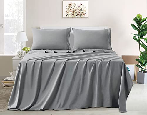 wavveUziz Bed Sheet Set Super Soft 100% Microfiber Sheet 1800 Brushed Microfiber Embroidered Queen Size Bed Sheets 16-Inch Deep Pocket - 4 Piece, Gray