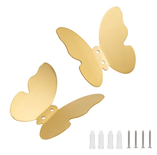 ISKYBOB 2 Pieces Brushed Brass Butterfly Coat Hooks 4in Wall Mounted Decorative Hook with Screws Bags Hat Robe Hangers Home Decor