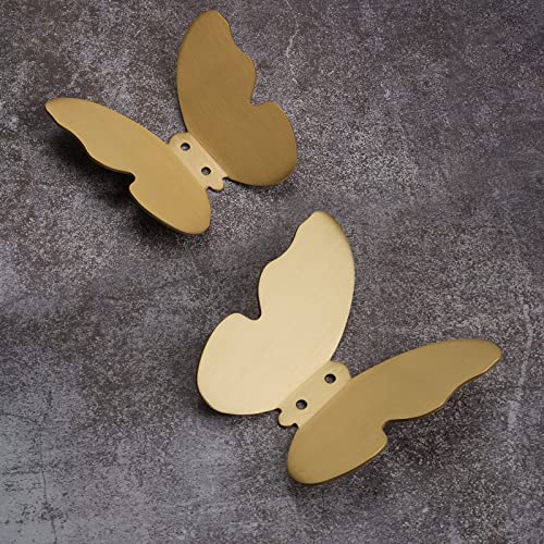 ISKYBOB 2 Pieces Brushed Brass Butterfly Coat Hooks 4in Wall Mounted Decorative Hook with Screws Bags Hat Robe Hangers Home Decor