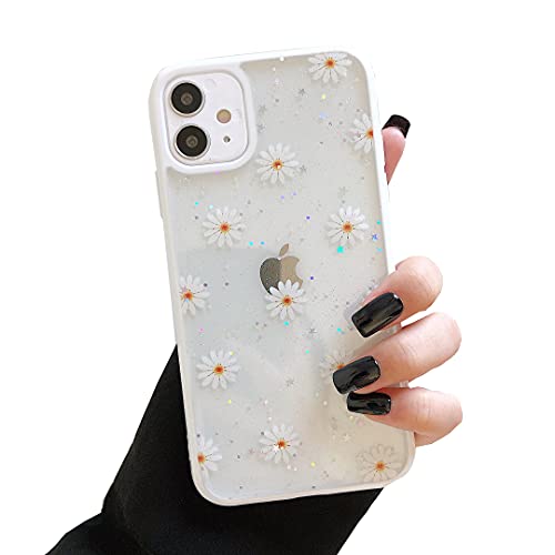 DEFBSC Daisy Bling Glitter Design Cute Girls Women Slim TPU Bumper Shockproof Anti-Scratch Protective Case for iPhone 12 iPhone 12 Pro-White