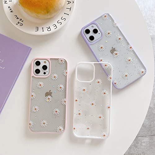 DEFBSC Daisy Bling Glitter Design Cute Girls Women Slim TPU Bumper Shockproof Anti-Scratch Protective Case for iPhone 12 iPhone 12 Pro-White