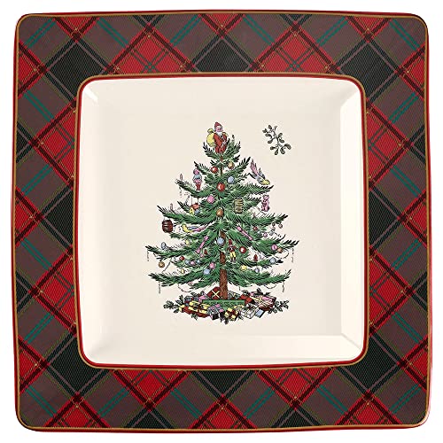 Spode Christmas Tree Tartan Square Platter | Serving Platter for the Holidays | Christmas Serving Dishes for Entertaining - Fine Bone China | Serving Platters for Serving Food - 10 Inches