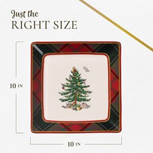 Spode Christmas Tree Tartan Square Platter | Serving Platter for the Holidays | Christmas Serving Dishes for Entertaining - Fine Bone China | Serving Platters for Serving Food - 10 Inches