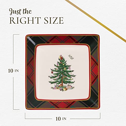 Spode Christmas Tree Tartan Square Platter | Serving Platter for the Holidays | Christmas Serving Dishes for Entertaining - Fine Bone China | Serving Platters for Serving Food - 10 Inches