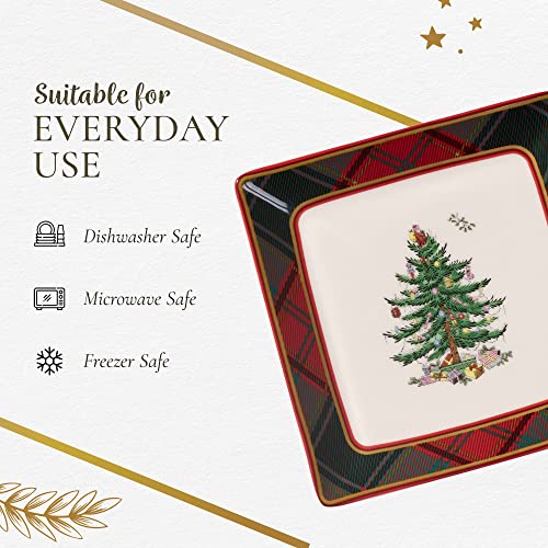 Spode Christmas Tree Tartan Square Platter | Serving Platter for the Holidays | Christmas Serving Dishes for Entertaining - Fine Bone China | Serving Platters for Serving Food - 10 Inches
