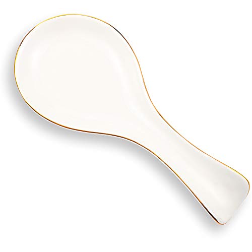 Ceramic Spoon Rest Spoon Holder Stovetop Spoon Holder for Kitchen Stove Coffee Bar Accessories (Basic Style, White, Gold)