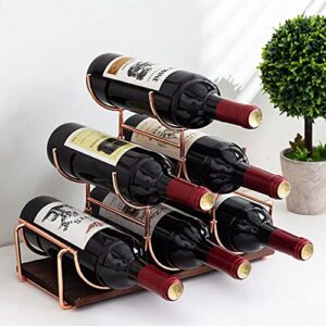 mygift rose gold wine rack countertop, 6 bottle modern tabletop metal wire stacked wine holder stand with burnt wood base