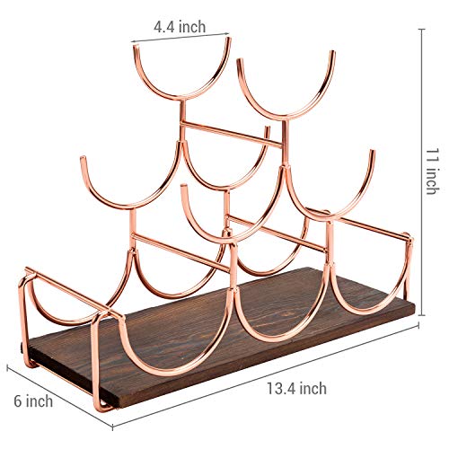 MyGift Rose Gold Wine Rack Countertop, 6 Bottle Modern Tabletop Metal Wire Stacked Wine Holder Stand with Burnt Wood Base