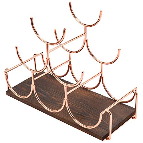 MyGift Rose Gold Wine Rack Countertop, 6 Bottle Modern Tabletop Metal Wire Stacked Wine Holder Stand with Burnt Wood Base