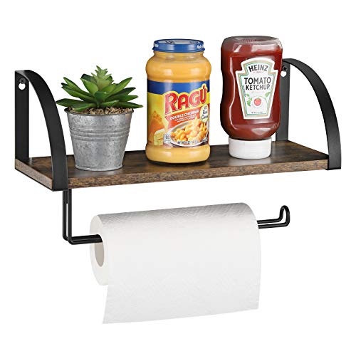 Paper Towel Holder with Floating Shelf Wall Mounted Paper Rack with Wood Shelf Roll Holder Toilet Paper Storage Stand for Bathroom Washroom Kitchen