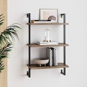 nathan james theo 3-shelf small bookcase, floating wall mount bookshelf with wood and industrial pipe/metal frame, rustic oak/matte black