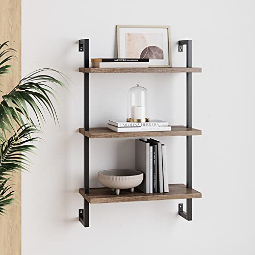 Nathan James Theo 3-Shelf Small Bookcase, Floating Wall Mount Bookshelf with Wood and Industrial Pipe/Metal Frame, Rustic Oak/Matte Black