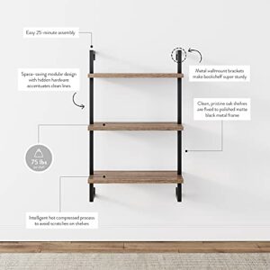 Nathan James Theo 3-Shelf Small Bookcase, Floating Wall Mount Bookshelf with Wood and Industrial Pipe/Metal Frame, Rustic Oak/Matte Black