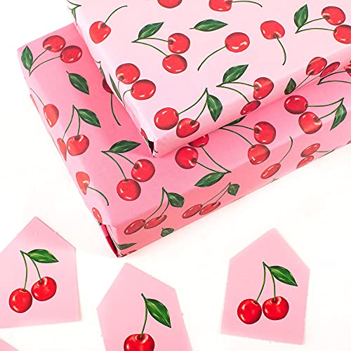 CENTRAL 23 - Pink Wrapping Paper - Cherry Print - 6 GiftWrap Sheets - Birthday Wrap for Women - New Baby Girls - Teenagers - Recyclable