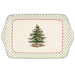 spode christmas tree collection dessert tray, polka dot design, serving platter for dessert and side dishes, measures at 12-inches, dishwasher and microwave safe