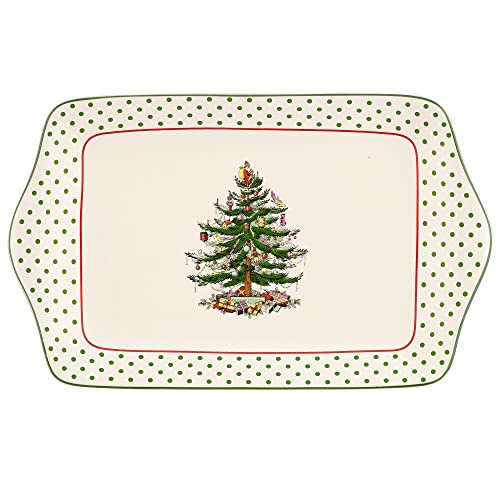 Spode Christmas Tree Collection Dessert Tray, Polka Dot Design, Serving Platter for Dessert and Side Dishes, Measures at 12-Inches, Dishwasher and Microwave Safe