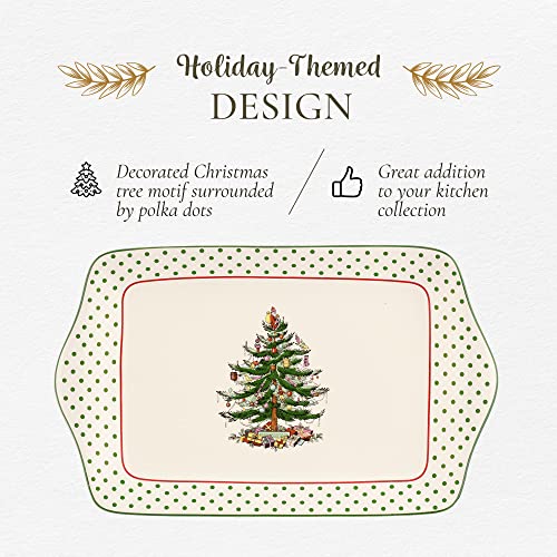Spode Christmas Tree Collection Dessert Tray, Polka Dot Design, Serving Platter for Dessert and Side Dishes, Measures at 12-Inches, Dishwasher and Microwave Safe