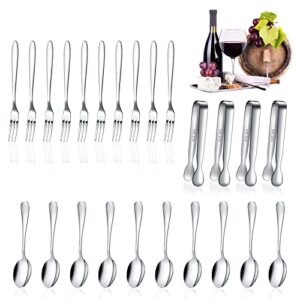 24 pieces charcuterie accessories for party, appetizer forks and spoons stainless steel charcuterie utensils mini serving tongs for valentines party salad dessert cocktail (silver, vivid sharp spoon)