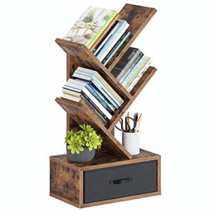 Rolanstar Bookshelf with Drawer, 3 Shelf Tree Bookshelf, Desk Bookshelf for CDs/Movies/Books, Utility Organizer Shelves for Living Room, Bedroom, Home Office