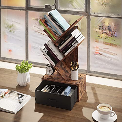 Rolanstar Bookshelf with Drawer, 3 Shelf Tree Bookshelf, Desk Bookshelf for CDs/Movies/Books, Utility Organizer Shelves for Living Room, Bedroom, Home Office