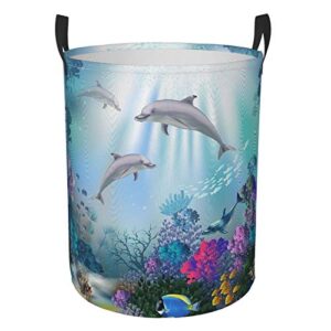 fehuew underwater world dolphin collapsible laundry basket with handle waterproof fabric hamper laundry storage baskets organizer large bins for dirty clothes,toys,bathroom