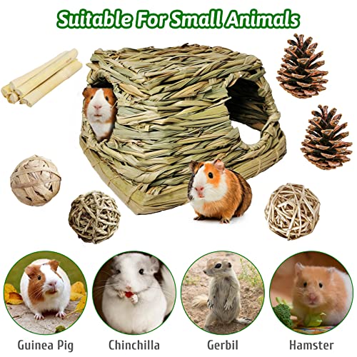 PINVNBY Guinea Pig Grass House with Chew Toys Little Rabbit Natural Hideout Small Pet Grass Hut with Play Toys for Bunny Hamster Rat Chinchilla Hedgehog Squirrel Gerbil（Ball at Random）