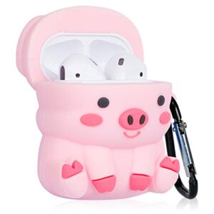 Besoar Sit Pink Pig for Airpod 1/2 Case, Cartoon Cute Fashion Cool Silicone Design Animal Character Cover for Airpods, Unique Stylish Kawaii Funny Fun Shell Girls Women Kids Boys Cases Air Pods 2&1