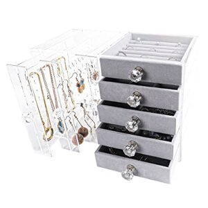 frebeauty acrylic jewelry box clear earring organizer storage boxes,necklace hanging with 5 removable velvet drawers large jewelry display case for stud rings bracelets for gift,(grey)