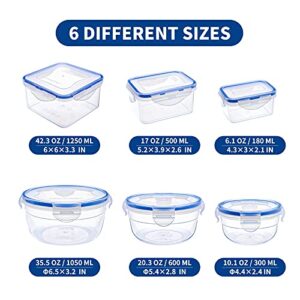 KIGI [6 Pack] 42.3oz/35.5oz/20.3oz/17oz/10.1oz/6.1oz Plastic Food Storage Containers Rectangular Meal Prep Containers and Storage Bowls Set,Leak-proof Stackable Fruit Storage Boxes,BPA Free