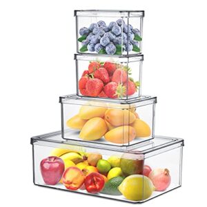 set of 4 fridge food storage bins, stackable clear kitchen fruit storage containers, freezer organizer fresh keeper box with lid for kitchen countertops, refrigerator, pantry and cabinets
