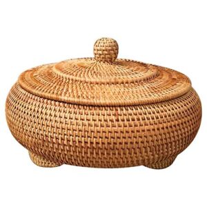 round rattan boxes with lid hand-woven multi-purpose wicker tray 8.6inch picnic food bread table storage basket (22x13cm)