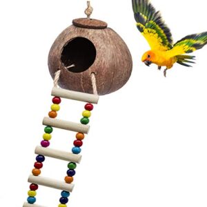 hovico coconut bird nest with ladder bird toy, hanging coconut shell bird nest for parakeets, reusable grass woven parakeet breeding cave, handmade hanging bird nest cage