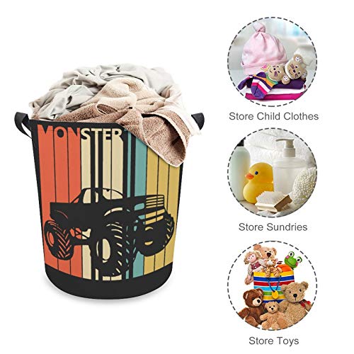 Monster Truck Retro Laundry Basket Hamper Bag Dirty Clothes Storage Bin Waterproof Foldable Collapsible Toy Organizer for Office Bedroom Clothes Toys Gift Basket