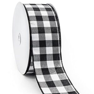 ct craft llc plaid cambridge gingham buffalo wired ribbon, 2.5" x 50 yards x 1 roll - black with white, for christmas, home decor, gift wrapping, tree topper bow, wreath, diy crafts