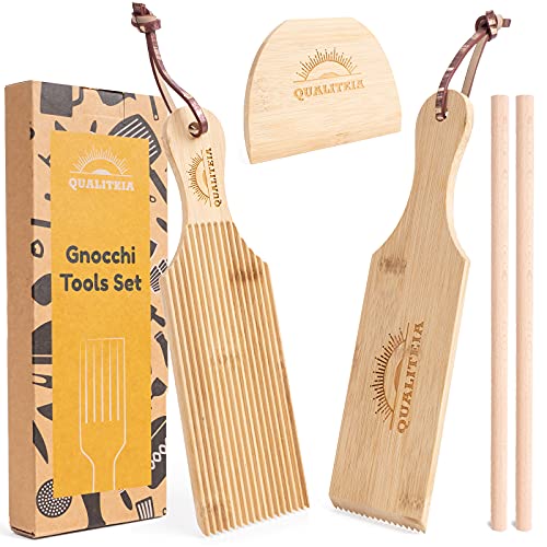 Qualiteia Gnocchi Board Set for Rolling Dough - 2 Pcs Paddles Rollers 1 Pc Cutter Authentic Pasta Shaper Tools Butter Maker Garganelli Cavatelli Tortellini Cavarola Roller Great Cutlery Gift, 9