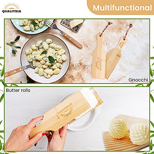 Qualiteia Gnocchi Board Set for Rolling Dough - 2 Pcs Paddles Rollers 1 Pc Cutter Authentic Pasta Shaper Tools Butter Maker Garganelli Cavatelli Tortellini Cavarola Roller Great Cutlery Gift, 9