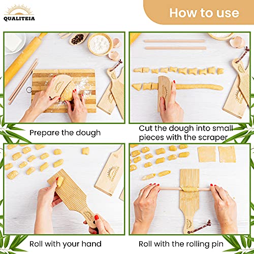 Qualiteia Gnocchi Board Set for Rolling Dough - 2 Pcs Paddles Rollers 1 Pc Cutter Authentic Pasta Shaper Tools Butter Maker Garganelli Cavatelli Tortellini Cavarola Roller Great Cutlery Gift, 9