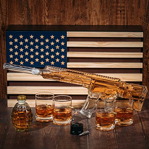 AR15 Whiskey Gun Decanter Flag Set - 1000ml Set - American Flag Gift Box & Bullet Glasses, Chillers, Guns Decanters Drinking Party Accessories, Great Gift For Army, Marines, Veterans & Gun Enthusiasts