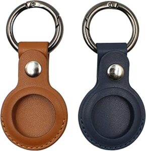 2 pcs airtags protective cover, for apple airtag keychain, airtag leather case, airtags holder anti lost case, bluetooth tracker case protective skin for airtags (brown+ blue)