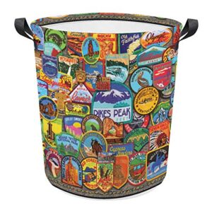 national parks badges laundry basket hamper bag dirty clothes storage bin waterproof foldable collapsible toy organizer for office bedroom clothes toys gift basket