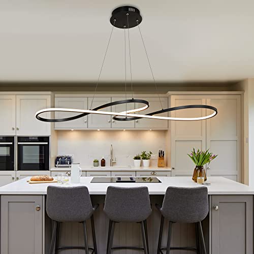 KARMIQI LED Pendant Light Modern Dimmable Chandelier Musical Note Black Contemporary Wave Hanging Lighting Fixture for Bedroom Kitchen Island Dining Room Living Room(38W