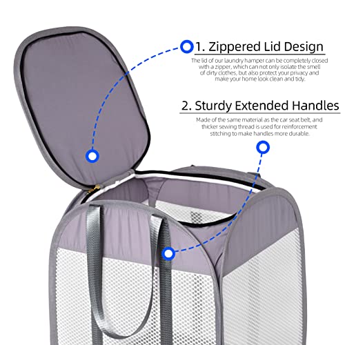 1.5 Loads, Pop-up Laundry Hamper with Extended, Thickened and Reinforced Handles, Tear Proof, Laundry Basket with Zipper Lid, Use YKK Zipper, Honey Comb Mesh, Breathable, 14.9"*14.9"*21.6" (white)