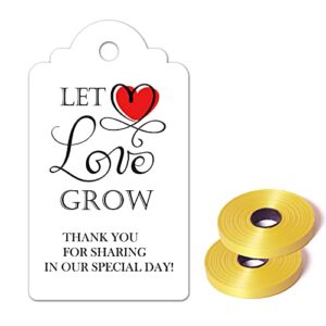 let love grow tags, thank you for sharing our special day tags, 50 pcs wedding favor tags, paper gift tags with 65 feet golden ribbon, thank you tags for wedding baby shower party