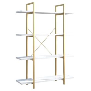iotxy 4-tier open shelf bookcase - modern freestanding wooden display stand unit with metal frame for home and office, bookshelf, gold white