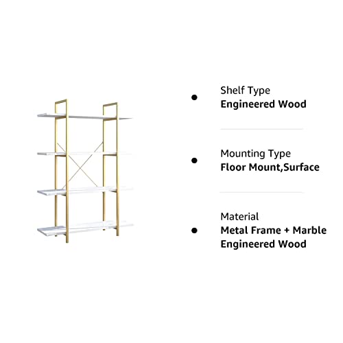 IOTXY 4-Tier Open Shelf Bookcase - Modern Freestanding Wooden Display Stand Unit with Metal Frame for Home and Office, Bookshelf, Gold White