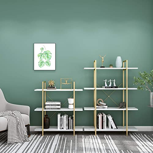 IOTXY 4-Tier Open Shelf Bookcase - Modern Freestanding Wooden Display Stand Unit with Metal Frame for Home and Office, Bookshelf, Gold White