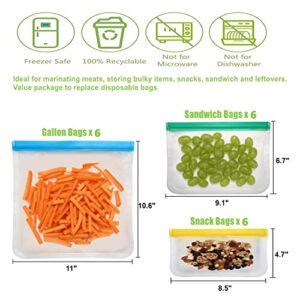 Reusable Food Storage Bags, 18 Pack BPA Free Reusable Freezer Bags, Leakproof Storage Bag for Food (6 reusable gallon bags & 6 reusable sandwich bags & 6 reusable snack bags)