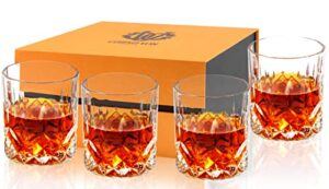 calliva von old fashioned bourbon glass, set of 4 crystal whiskey glasses in gift box. rocks glass for scotch irish whisky cocktail cognac snifter rum tequila drinking, best lowball tumbler 10oz