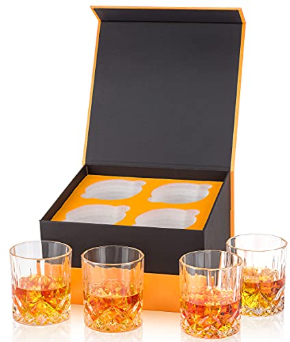 calliva von Old Fashioned Bourbon Glass, Set of 4 Crystal Whiskey Glasses In Gift Box. Rocks Glass for Scotch Irish Whisky Cocktail Cognac Snifter Rum Tequila Drinking, Best Lowball Tumbler 10oz